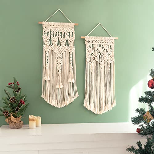 Mkono 2 Pcs Macrame Woven Wall Hanging Boho Home Chic Bohemian Geometric Art Decor - Beautiful Bedroom Nursery Apartment Decoration, Gift for Girls - WoodArtSupply