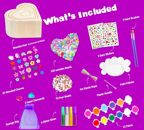 JOTIKO Paint Your Own Jewelry Box & Bracelets Making kit - Art & Crafts for Girls Kids Age 4-8 Christmas Birthday Gifts, 250 PCS Wooden Beads & Cute JOTIKO