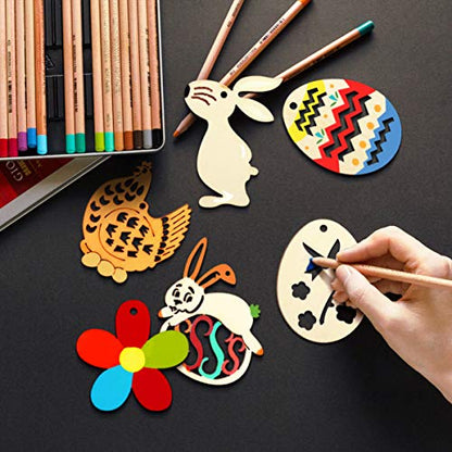 Toyvian 48pcs DIY Easter Wood Slices Egg Hanging Ornaments Unfinished Bunny Eggs Easter Crafts to Paint for Kids Easter Decorations Party Supplies