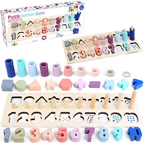 CozyBomB Wooden Number Puzzle for Kids - Montessori Toys for 1 Year Old Toddlers Learning Age 3 4 5 Years Old - Wooden Counting Blocks Sorting Toys - WoodArtSupply