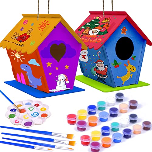 hapray 2 Pack Bird House Kit, DIY Birdhouse Kits, Wooden Crafts Arts for Children to Build and Paint (Includes Paints & Brushes) for Kids Girls Boys hapray
