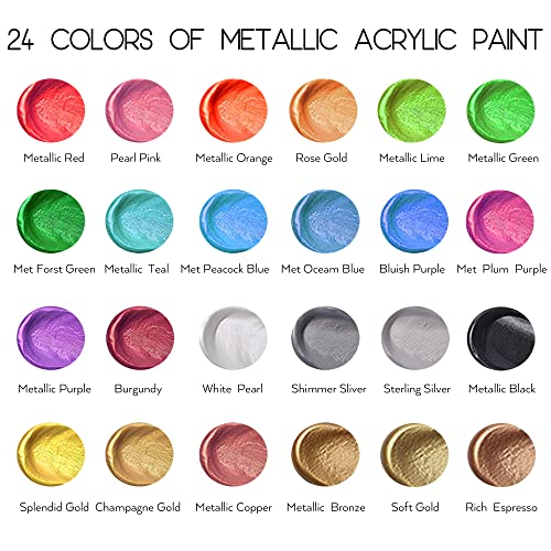 Metallic Acrylic Paint Set of Premium 24 Colors with 12 Brushes，Professional Grade Metallic Paints with Bottles (2fl oz 60ml), Rich Pigments of Non - WoodArtSupply