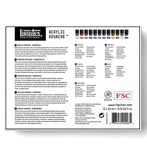 Liquitex Professional Acrylic Gouache Paint, 12 x 22ml (0.74-oz), Essentials Set Liquitex
