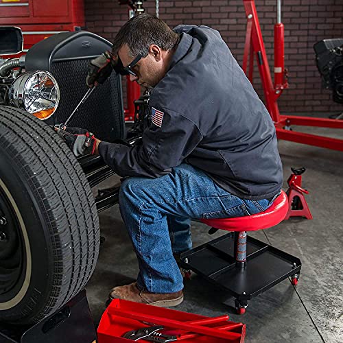 BIG RED TR6350 Torin Rolling Pneumatic Creeper Garage/Shop Seat: Padded Adjustable Mechanic Stool with Tool Tray Storage, Red Large BIG RED