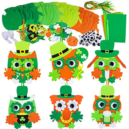 24 Sets St. Patrick's Day Decorations Owl Shamrock Ornaments DIY St. Pat's Craft Kits Assorted Owl Four-Leaf Clover Irish Lucky Shamrock Foam