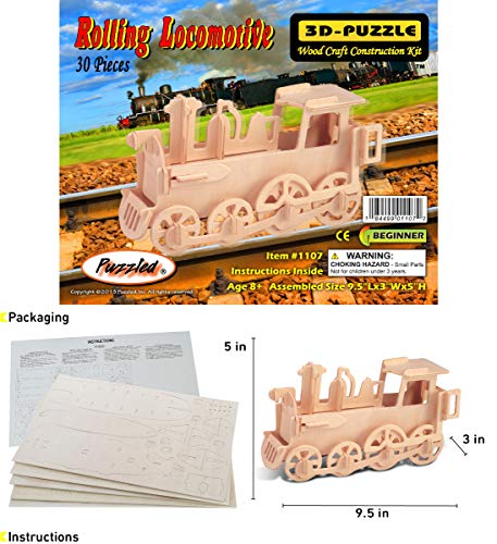 Puzzled 3D Puzzle Rolling Locomotive Train Wood Craft Construction Model Kit, Fun & Educational DIY Wooden Toy Assemble Unfinished Crafting Hobby Puzzled