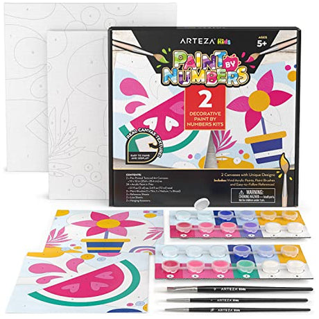 Arteza Kids Paint by Numbers Kit, 10 x 10 Inches, Decorative Pre-Printed Canvas Painting Kit with 2 Canvases, 24 Acrylic Paint Pots, 3 Paintbrushes, ARTEZA