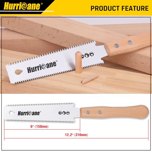 HURRICANE Japanese Hand Saw, 6 Inch (150mm) Double Edge Sided Pull Saw, SK5 Flexible Blade, 14/17 TPI Flush Cut Saw, Beech Handle Wood Saw, HURRICANE