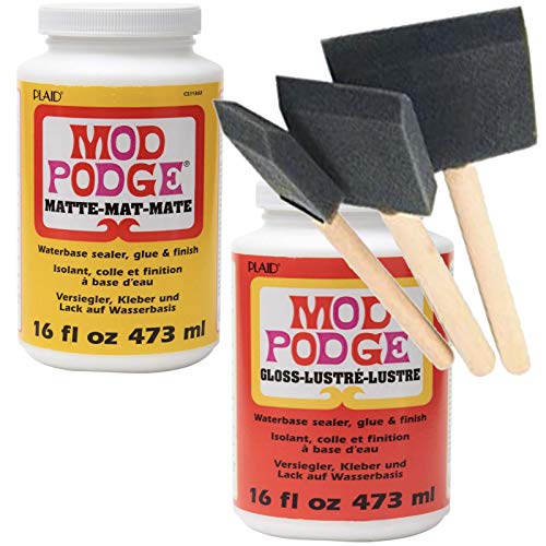 Decoupage Kit | Set 16oz Bottles of Mod Podge Waterbase Sealer/Glue/Finish (Matte + Gloss Finish) | 3pk Foam Brush Set Art Supplies