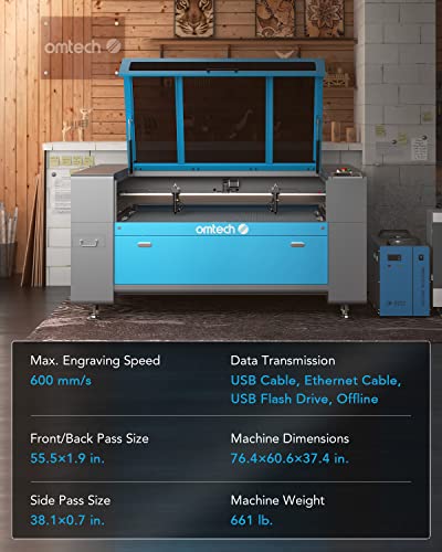 OMTech 130W CO2 Laser Engraver with LightBurn & Water Chiller, 35x50 Inch Laser Engraving Cutting Machine with Dual Laser Heads Autolift 3 Way Pass - WoodArtSupply