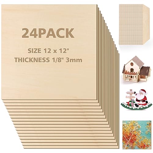 Basswood Sheets 1/8 x 12 x 12 inch - 3mm Basswood Sheets Plywood Sheets Balsa Wood, 24Pcs Square Unfinished Wood Board for DIY Crafts, Laser Cutting, - WoodArtSupply