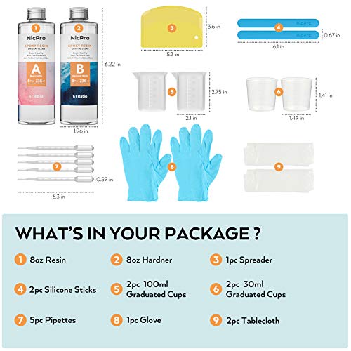 Nicpro 16 Ounce Crystal Clear Epoxy Resin Kit, DIY Starter Epoxy Resin Supplies with 4 Measuring Cups, 2 Silicone Sticks, Gloves, Spreader for Art Nicpro