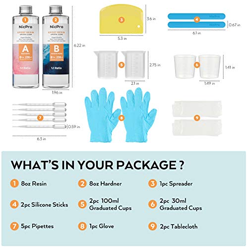 Nicpro 16 Ounce Crystal Clear Epoxy Resin Kit, DIY Starter Epoxy Resin Supplies with 4 Measuring Cups, 2 Silicone Sticks, Gloves, Spreader for Art - WoodArtSupply