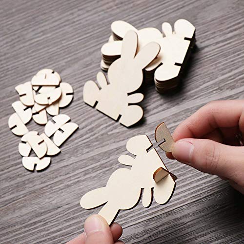 Samanter Unfinished Wooden Easter Bunny 3D Rabbit Wooden Stand Ornament Cutouts Craft for DIY Painting Table Decoration Easter Birthday Gift 10Pack