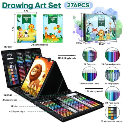 Art Supplies Kit, 276 PCS Art Set for Kids, Art Kits, Art Drawing Kit with Double Sided Trifold Easel Box with Oil Pastels, Crayons, Colored Pencils,