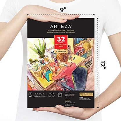 Arteza Watercolor Paper 9x12 Inch, Pack of 2, 64 Sheets (140lb/300gsm), Cold Pressed Art Sketchbook Pad, Art Supplies for Painting & Drawing, Wet, - WoodArtSupply