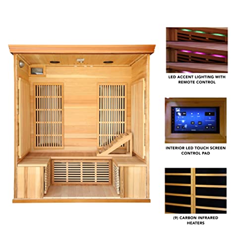 Radiant Saunas BSA1315 Cedar Elite 3-4 Person Infrared Sauna with 9 Carbon Heaters, Wood Blue Wave