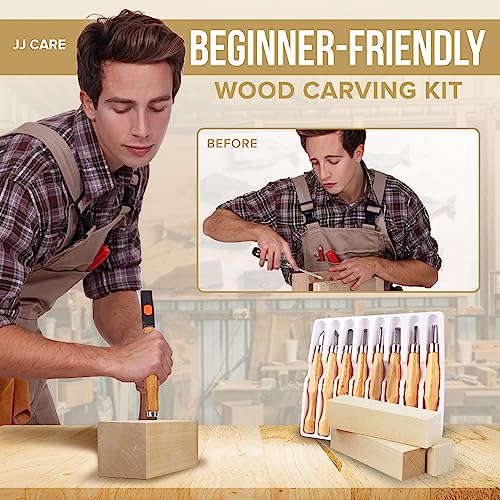 JJ CARE Wood Carving Kit [8 SK7 Carving Knives with Beechwood Handle, 10 Basswood Carving Blocks, and 1 Grinding Stone] - Beginner Wood Carving Kit, JJ CARE