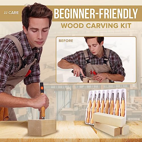JJ CARE Wood Carving Kit [8 SK7 Carving Knives with Beechwood Handle, 10 Basswood Carving Blocks, and 1 Grinding Stone] - Beginner Wood Carving Kit,