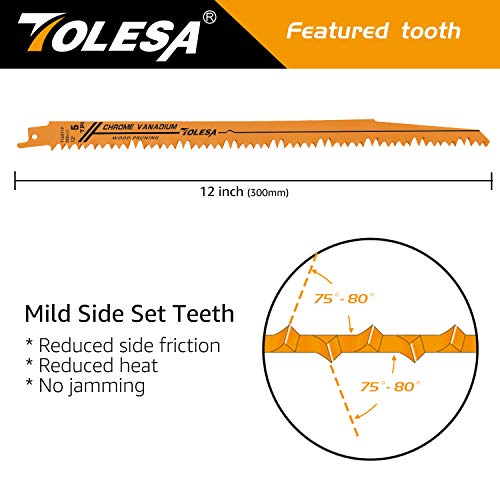 TOLESA Wood Pruning Reciprocating Saw Blades 12 inch 5 TPI Sawzall Blades Green Wood Construction Wood Cutting and PVC Pipe Cutting CRV Sharp Ground TOLESA