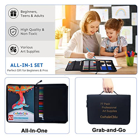 CwhaleCblu 77 Pack Drawing Set Art Supplies,Drawing Supplies with 3-Color Sketch Book, Colored, Graphite, Charcoal, Watercolor&Metallic Pencil, Art CwhaleCblu
