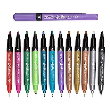 ZEYAR Acrylic Paint Pen, Needle Extra Fine and Chisel Point, 12 Metallic Colors, Waterproof Ink, Works on Rock, Wood, Glass, Metal, Ceramic and More ZEYAR