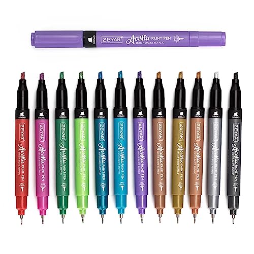 ZEYAR Acrylic Paint Pen, Needle Extra Fine and Chisel Point, 12 Metallic Colors, Waterproof Ink, Works on Rock, Wood, Glass, Metal, Ceramic and More