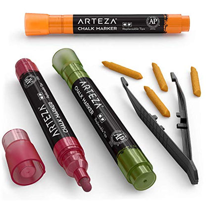 ARTEZA Pastel Liquid Chalk Markers, Set of 16 with 16 Replaceable Chisel Tips, Tweezers, Labels, Stencils - Erasable, Water-Based Pens Ideal for - WoodArtSupply