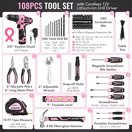WORKPRO Pink Tool Set with Power Drill, 108PCS Portable Ladies Pink Drill Kit for Home with Toolbox and Pink Hammer, 1.5 Ah Cordless Drills with WORKPRO