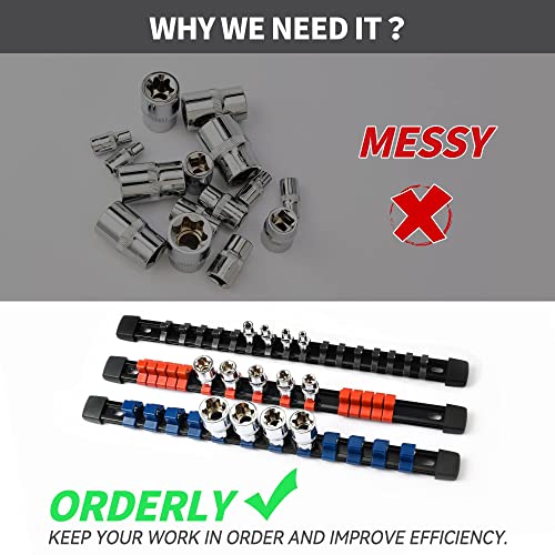 ALOANES 9 PC ABS Socket Organizer, 1/2 inch, 3/8 inch and 1/4 inch Drive Socket Rail Holders, Heavy Duty Socket Racks, Black Rails with Red, Blue and ALOANES