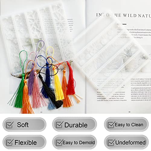 Szecl 10Pcs Resin Bookmark Mold Upgrade Rectangle Bookmark Silicone Mold with 10 Tassel Leaves Texture Flower Shaped Epoxy Resin Casting Mold DIY Szcelling