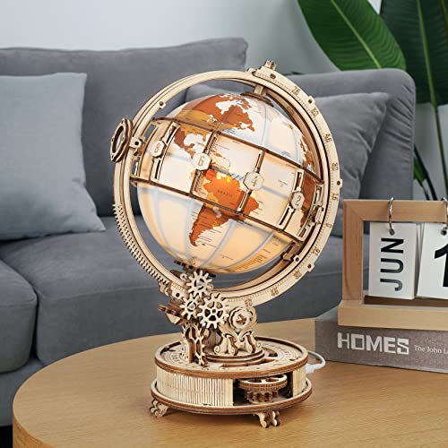 ROBOTIME Illuminated 3D Wooden Puzzle Globe with LED Light - Unique Desk Decor and Gift for Adults - WoodArtSupply