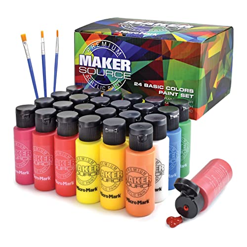 Makersource Basic 24-Color Acrylic Paint Set Acrylic Paint Set With 3 Brushes, 24 Colors (59ml, 2oz) Art Craft Paints, Gifts for Artists, Kids,
