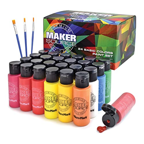 Makersource Basic 24-Color Acrylic Paint Set Acrylic Paint Set With 3 Brushes, 24 Colors (59ml, 2oz) Art Craft Paints, Gifts for Artists, Kids, - WoodArtSupply