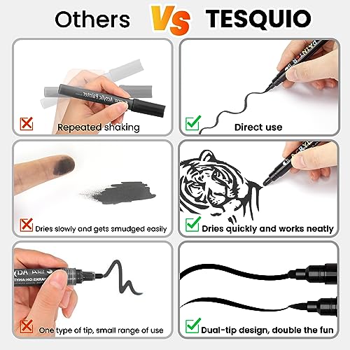 Tesquio Black and White Paint Marker, 8 Pack Dual Tip Acrylic Paint Pens with Medium Tip and Brush Tip, Ideal for Wood, Rock Painting, Canvas, Stone, Tesquio