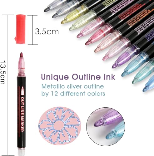 RIANCY Double Line Outline Markers 12 Colors Outline Metallic shimmer Markers Pens for Lettering, DIY Art Drawing Greeting Cards Craft Pens Projects RIANCY