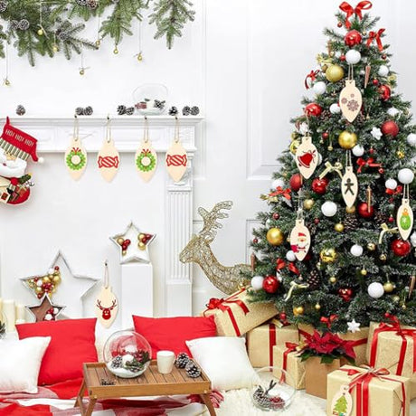 ABOOFAN Light Bulb Wood Cutouts 100pcs Christmas Unfinished Light Bulbs with Ropes Light Bulb Slices Discs Tags for DIY Crafts Xmas Hanging Ornaments ABOOFAN