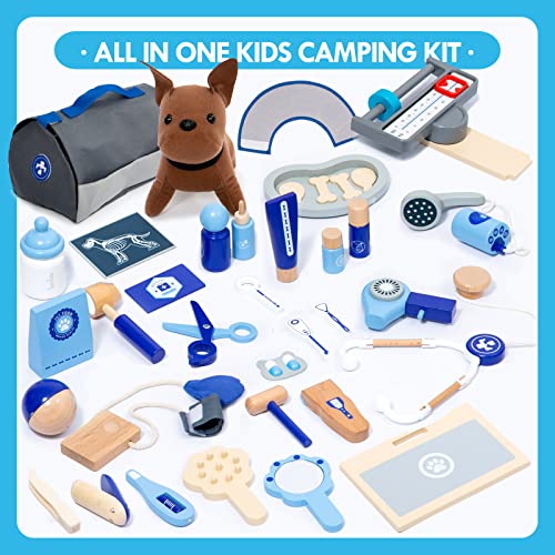 UMU Doctor Kit for Kids, Wooden Pretend Play 37 Pcs Pet Care Play Set Doctor Playset for Toddlers, Montessori Toys Dentist Kit for 3-8 Years Old Boys umu