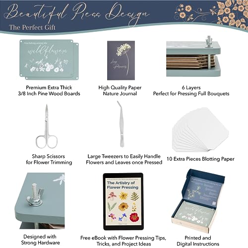 Hygge & Sage Extra Large Wooden Flower Press Artistry Kit with Nature Journal | 6-Layer, 8 x 11 Inch Flower Pressing Kit for Adults with Extra Hygge & Sage