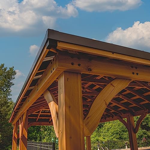 Backyard Discovery Barrington 20 ft. x 12 ft. All Cedar Wood Carport Pavilion Gazebo, Shade, Rain, Hard Top Steel Metal Roof, All Weather Protected, Backyard Discovery