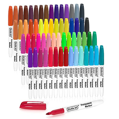 Shuttle Art 60 Colors Permanent Markers, Fine Point, Assorted Colors, Works on Plastic,Wood,Stone,Metal and Glass for Doodling, Coloring, Marking Shuttle Art