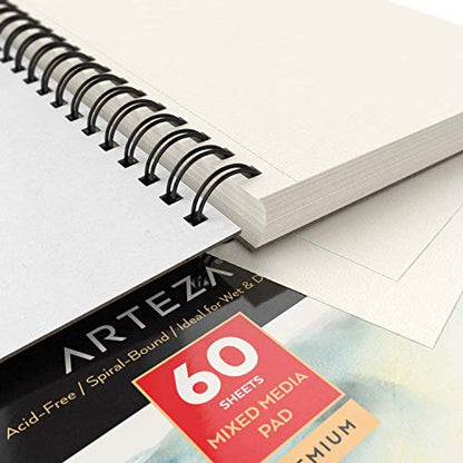 Arteza Mixed Media Sketchbooks, Pack of 3, 5.5 x 8.5 Inches, 60-Sheet Drawing Pads with 110lb Paper, Spiral-Bound, Art Supplies for Wet and Dry Media