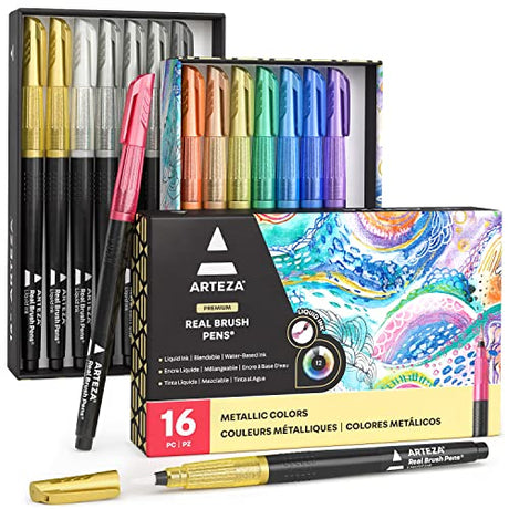 ARTEZA Metallic Real Brush Pens, 16 Colors, Blendable Watercolor Markers, Liquid Ink, Art Supplies for Lettering, Calligraphy, and Scrapbooking ARTEZA