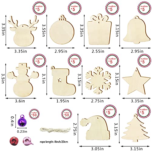 50 PCS Unfinished Wooden Christmas Ornaments DIY Christmas Wooden Slices with 50 Jingle Bells for Crafts Christmas Hanging Decorations?10 Shapes? Pseutio