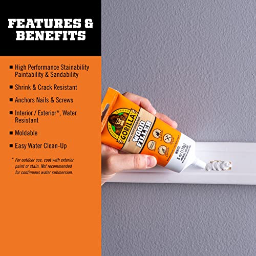 Gorilla All Purpose Wood Filler, 6oz Tube, White (Pack of 1) Gorilla