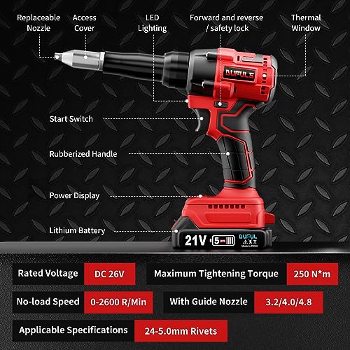 Dufuls Cordless Rivet Gun, Electric Rivet Gun Kit with 2PCS Battery and Charger, Brushless Blind Riveter Tool Kit for 1/8", 5/32", 3/16" Rivets - WoodArtSupply