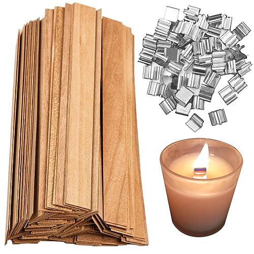 MadMedic 100 PCS Candle Wick 0.75 x 5.12 inch Natural Wooden Wicks for Candle Making, Candle DIY Wick Smokeless Wood Wicks with Candle Wick Holders MadMedic