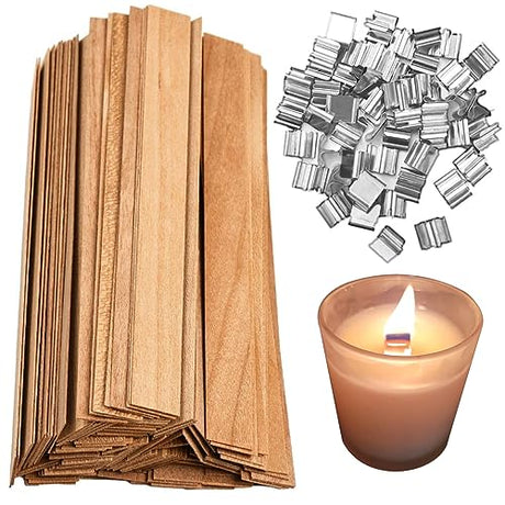 MadMedic 100 PCS Candle Wick 0.75 x 5.12 inch Natural Wooden Wicks for Candle Making, Candle DIY Wick Smokeless Wood Wicks with Candle Wick Holders MadMedic