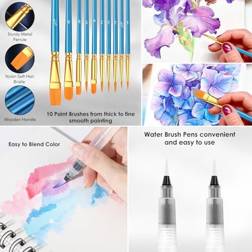 Watercolor Paint Set, 48 Colors Watercolors Painting Kit Washable Water Colors with 10 Paint Brushes, Brush Pen, Palette, Drawing Pad, Arts and
