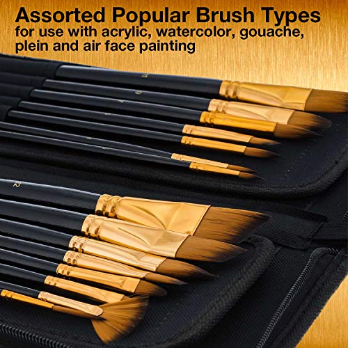 U.S. Art Supply 15 Piece Artist Long Handle Synthetic Paint Brush Set - Multi Functional Watercolor Gouache Oil Acrylic Brush Set in Zippered Nylon U.S. Art Supply